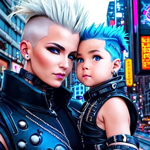 Prompt: Cyberpunk style, older human female, cyborg, mohawk blonde hair, detailed, wearing black armor with blue embellishments, holding a child, looking at camera, epic city scape, dystopian, 