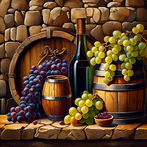Prompt: still life with grapes near wooden barrels in front of a stone wall, detailed oil on canvas, 8K