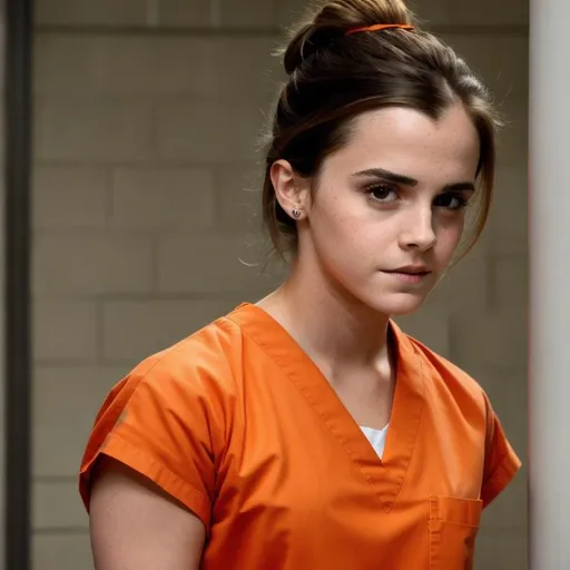 Prompt: emma watson as female inmate wearing orange scrubs