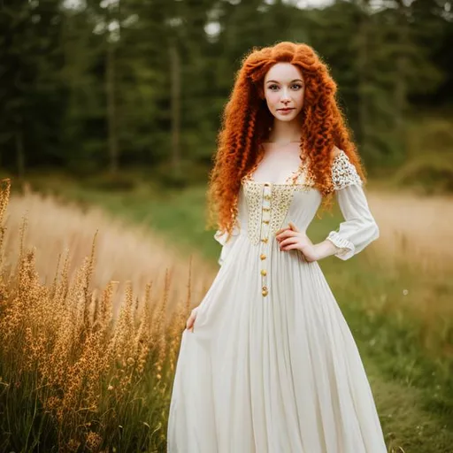 Prompt: Cottagecore scotland lass red long curly hair, yellow ambar eyes, pale skin with freckes 
Dressing like 18th century gown