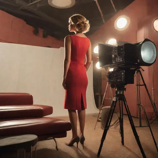 Prompt: a professional high quality realistic candid photograph taken from behind the scenes of a magazine cover shoot with a beautiful female model posing in a space like drama production set. rich mid century modern color palette.