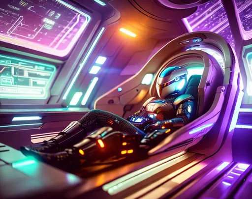 Prompt: a spaceship pilot in a reflective suit with robotic limbs, laying down in a pod, in a cyberpunk setting, cyborg, implants, high details, realistic , professionally colour graded, photorealism, 8k, grim dark lighting, art by sakimichan