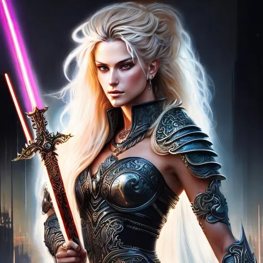 Prompt: Painting of a powerful warrior woman with long light blonde hair, wielding duel swords, in a Luis Royo, Amy Sol style, neon color scheme, detailed facial structure, full body rendering, ready for battle, highres, detailed, powerful, barbarian, warrior, artistic, powerful, neon colors, detailed swords, fierce expression, intense lighting
