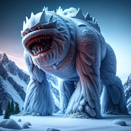 Prompt: the abominable snow monster --no trending on artstation --no stylize --ar 8:11 ray tracing light pillars, highly detailed, symmetrical, mountainous background, stop motion, 
