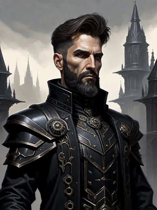 Prompt: ((Full-body)) oil painting of a male Warhammer 40k sanctioned psyker, (short thick brown hair), (styled full brown beard), worry lines, highly detailed piercing {brown eyes}, oil painting, intense gaze, wh40k, dark black clothing, painterly, painted, dark black gunmetal hi-tech psyker light armor, psyker epaulets, dark black gunmetal 40k psyker hi-tech gear, ((psyker)), Caucasian, (up-lit {up lit} {under lit} under-lit face), epic confident standing pose, {black duster trench-coat}, {black caped greatcoat}, {black military gaiters}, {black heavy-sole boots}, {black gloves}, {matte black psyker hi-tech (chest armor)}, highly detailed background, 40k imperium of man high gothic architecture background, Warhammer 40k, highly detailed facial features, soft art style, soft highlights, soft shadows, {proportionate normal-sized forehead}, impressionist brushwork, 