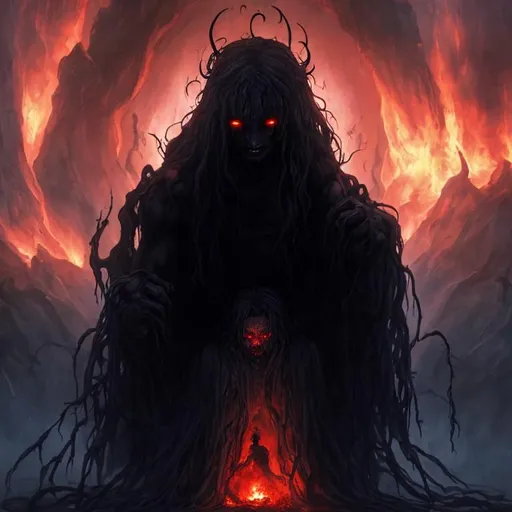 Prompt: Dark ancient god waking from long slumber in a post Apokalyptical burning world one step away from the entrance to the Purgatory, surrounded by Suffering tormented souls and sinister creatures,sinner,underworld,undead,evil,hell,devil,darkness,Takeshi Oda,