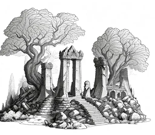 Prompt: Make me a stone gate monument with trees surrounding it in the style of oldschool dnd lineart. Make it look like it is hand drawn. Make sure it is black and white only