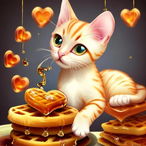 Prompt: Create a  realistic looking and very beautiful and sleek shorthaired blonde cat stretched out on top of a stack of warm, syrup covered waffles. There are hearts floating over it.