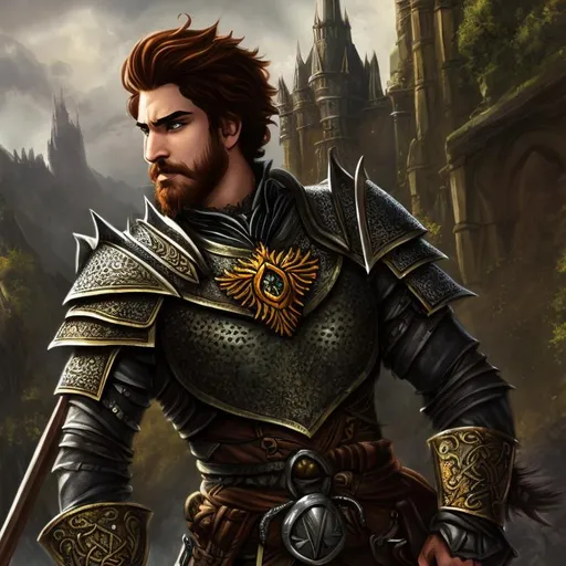 Prompt: Game art D&D, Fantasy, High Fantasy, intricate details, medium shot, detailed background, detailed face, detailed armor, detailed weapon, Auburn haired, warrior in celtic design