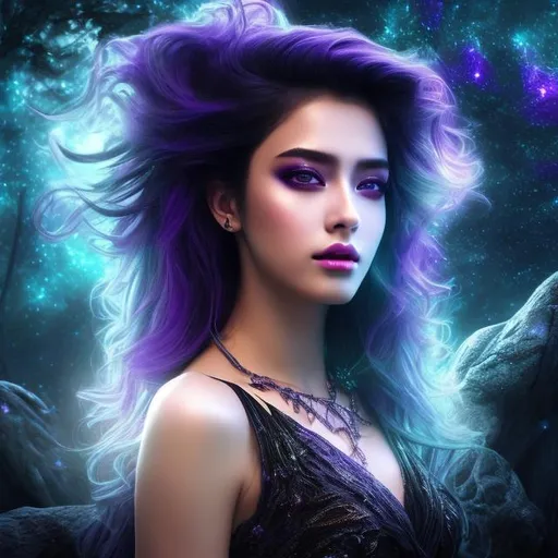 Prompt: HD 4k 3D 8k professional modeling photo hyper realistic beautiful woman ethereal greek goddess of chaos and the void
purple hair yellow eyes gorgeous face brown skin black shimmering dress jewelry  tattoo surrounded by magical glowing starlight hd landscape background of enchanting mystical black night