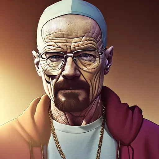 Prompt: walter white wearing a du rag, wearing a gold chain, wearing street clothes, cartoon, ultra high detail, lighting, shaders