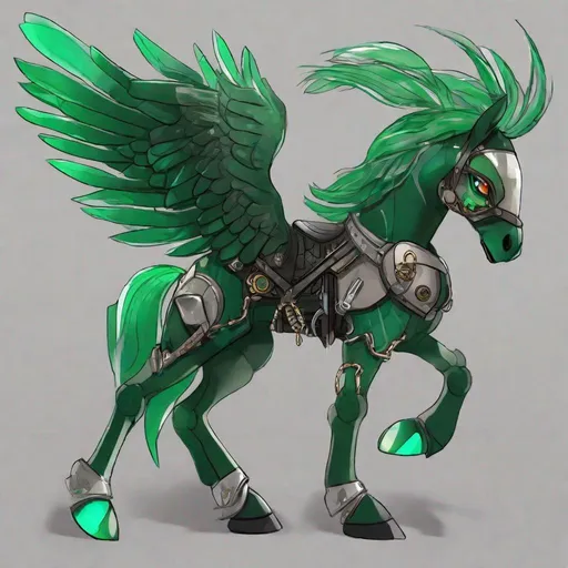 Prompt: Your OC is a small twisted pegasus bipedal animatronic, with focused emerald eyes. They identify as male, and have a high-pitched voice. As an accessory, they have nothing, and they can be seen holding a weapon for safety.
