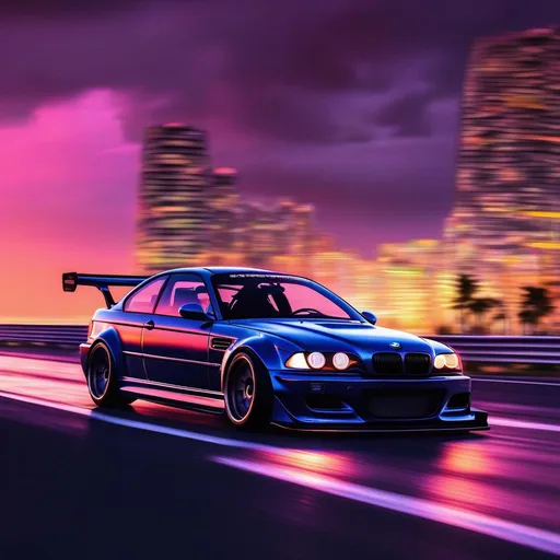 Prompt: 2001 BMW M3 E46 GTR, synthwave, aesthetic cyberpunk, miami, highway, dusk, neon lights, coastal highway, dusk, neon lights, coastal highway, sunset, drift, nurburgring