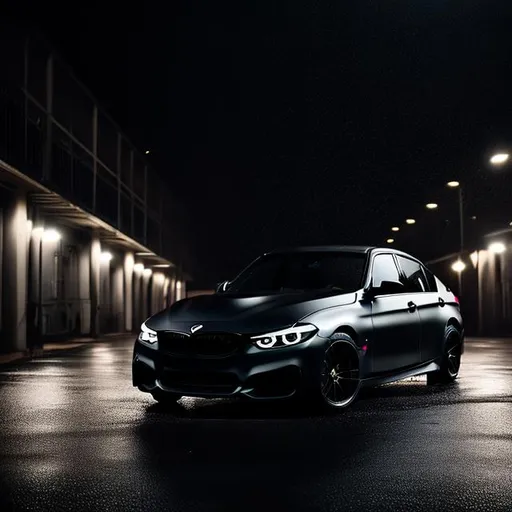 Prompt: Matte black M340i in a parking lot at night heavy rain, facing the camera