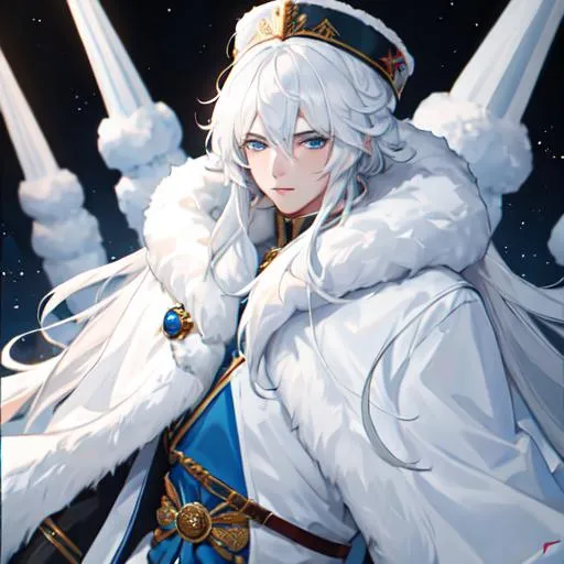 Prompt: Russia as a male human, 8k, UHD,  highly detailed, white hair, blue eyes, wearing a fluffy giant jacket and a ushanka