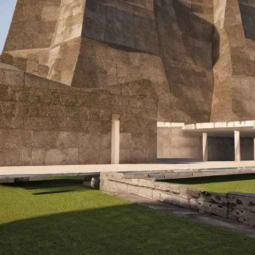 Prompt: Modern structure inspired by precolonial congolese sculptures inspiration and Congolese minerals, volumetric natural light, ultra realistic, vray,  hd