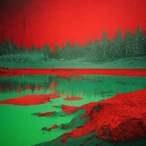 Prompt: red snow falls into a green lake, abstract surrealistic painting