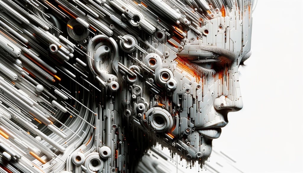 Prompt: Futuristic female woman in white image, in the style of dark orange and dark gray, detailed facial features, tilt shift, fragmented icons, cyberpunk dystopia, made of liquid metal, oil portraitures in wide ratio.