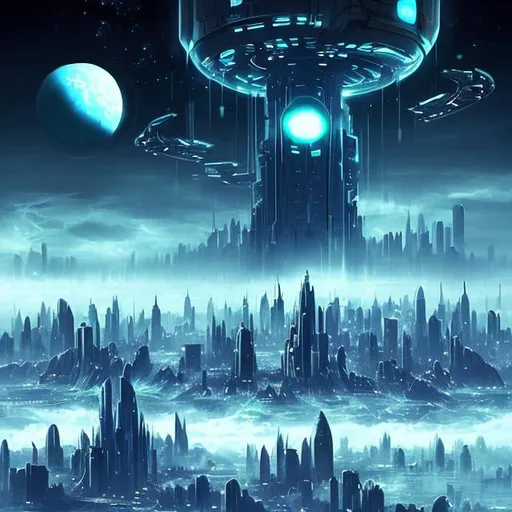 Prompt: Futuristic Tall black towers on deep dark ocean dark sky spaceships night lights hover ships dark tall city lots and lots of small floating ships hovering above clouds big planet with rings closeby spaceships hovering super tall mega skyscraper