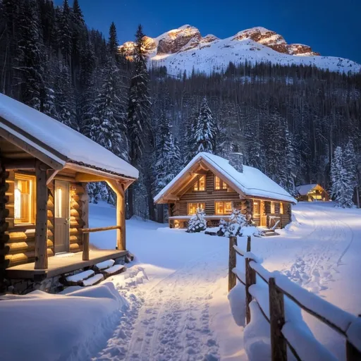 Prompt: a snow covered path leading to a cabin at night, cozy home background, cozy place, log homes, beautiful winter area, soothing and cozy landscape, cozy atmosphere, snowy night, chalet, burried in snow at night, pleasant cozy atmosphere, cozy setting, log cabin, snowy winter christmas night, beatiful house, cozy and calm, cozy environment, winter night 