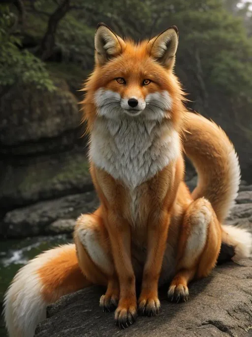 Prompt: hyperrealistic, best quality, oil painting, masterpiece, nine-tailed female fox sitting on a cliffside, golden fur, head cautiously bent forward, thick silky white-gold mane, nine tails, kitsune, perfect composition, highly detailed, (sharp expressive detailed eyes:3), UHD, HDR, unreal engine, high octane render, 8k, intricate detail, vibrant, vivid colors, lively colors, animated