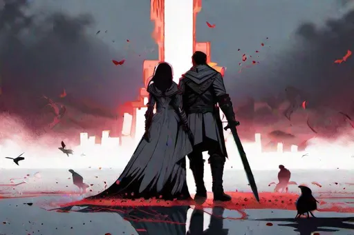 Prompt: a crusader emanating dark aura standing back to back with his wife in a bloodied world.