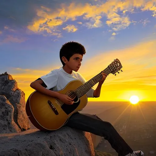 Prompt: 14 year old Mexican boy playing guitar sitting on the edge of a cliff looking at the sun set