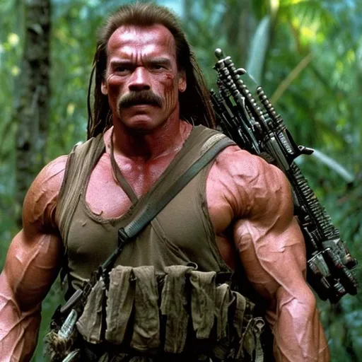 Prompt: Dutch from the movie Predator played by an age 30 Arnold Schwarzenegger with a thick mustache and short hair.