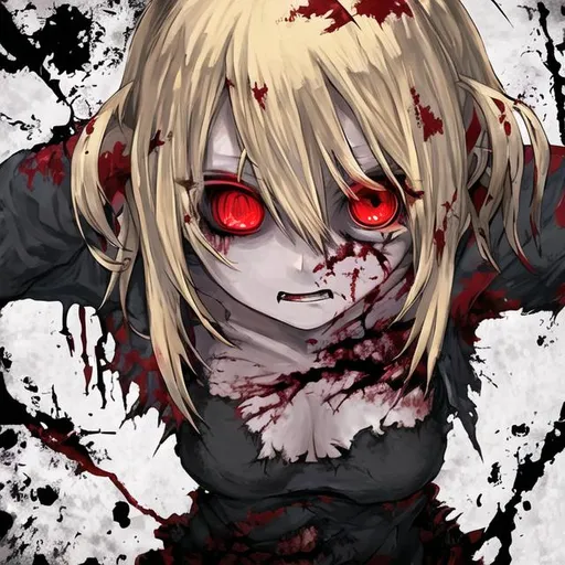 Prompt: zombie anime girl, red eyes, cute, torn clothes, blonde hair,