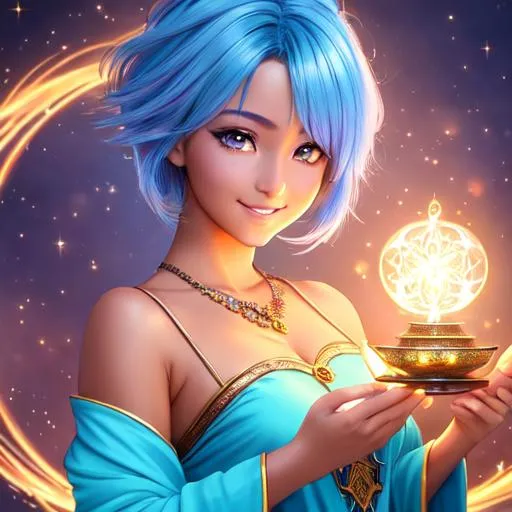 Prompt: oil painting, fantasy, Pixie girl, tanned-skinned-female, beautiful, short bright blue hair, straight hair, rosy cheeks, smiling, looking at the viewer, summoner wearing intricate robes casting a spell, #3238, UHD, hd , 8k eyes, detailed face, big anime dreamy eyes, 8k eyes, intricate details, insanely detailed, masterpiece, cinematic lighting, 8k, complementary colors, golden ratio, octane render, volumetric lighting, unreal 5, artwork, concept art, cover, top model, light on hair colorful glamourous hyperdetailed medieval city background, intricate hyperdetailed breathtaking colorful glamorous scenic view landscape, ultra-fine details, hyper-focused, deep colors, dramatic lighting, ambient lighting god rays, flowers, garden | by sakimi chan, artgerm, wlop, pixiv, tumblr, instagram, deviantart