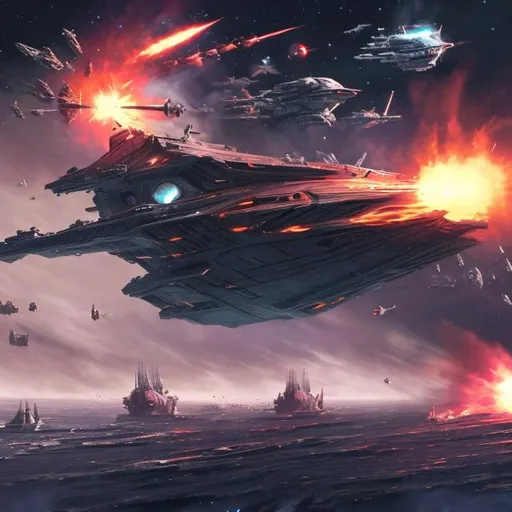 Prompt: star ship  wreck sci-fi space battle epic fleet damage explosion fire everything

