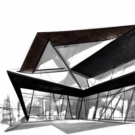 Prompt: black marker sketch of a modern angular museum building with roof that is triangular and copper soffit