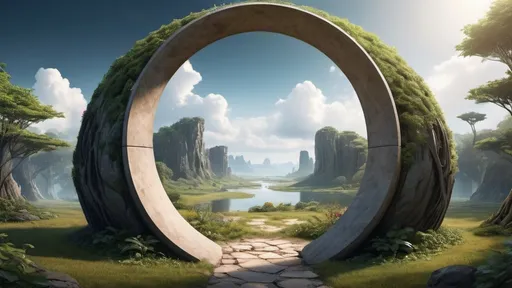 Prompt: circular portal, gateway between worlds, gateway leading to a different biome, ring, ring standing on edge, freestanding ring, complete ring, panoramic view