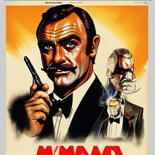 Prompt: james bond with a thick 70s style mustache holding a martini played by sean connery with a thick mustache. on a 70s style movie poster