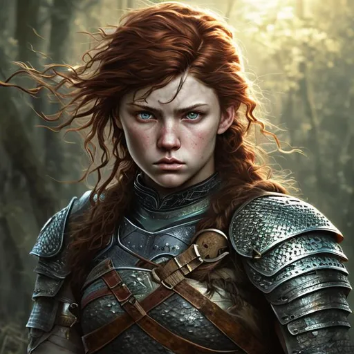 Prompt: photorealistic portrait of a younger woman,  warrior,  chainmail,  
 hard look, adventurer, medieval fantasy setting, green eyes, short red hair, sun lighting, 