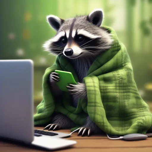 Prompt: cute Racoon wrapped up warm in a blanket with keyboard and mouse in front of him, realistic, hyper-realistic, realism, 32k, photography, hdr, 1080p, cinematic, splash art, concept art, fictional characters, mid shot, intricately detailed, colour depth, dramatic, pastel leaf green 