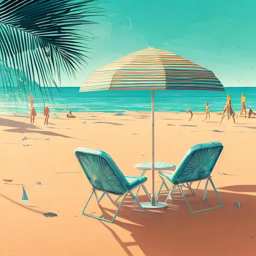 Prompt: beach pop art, palm trees, ocean, beach chairs, sun, vibrant lighting, elegant, highly detailed, smooth, sharp focus, illustration, beautiful, geometric, trending on artstation, full body, cinematic, artwork by borovikovsky, Louis Vuitton, pop art