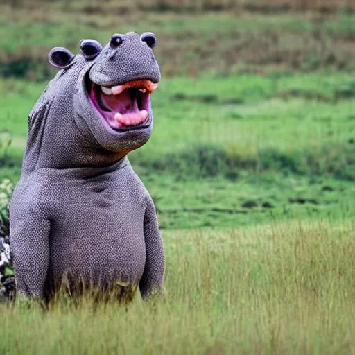 Prompt: Yelling hippo wearing a raincoat with spots