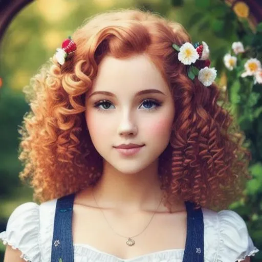 Prompt: Short strawberry blonde curly hair, Renaissance era, flowers in hair, girl, pretty, face