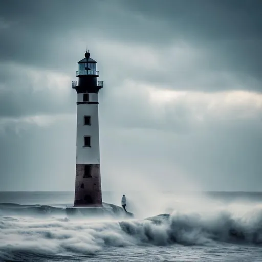 Prompt: Lighthouse by the sea, high waves, lone man standing on shore