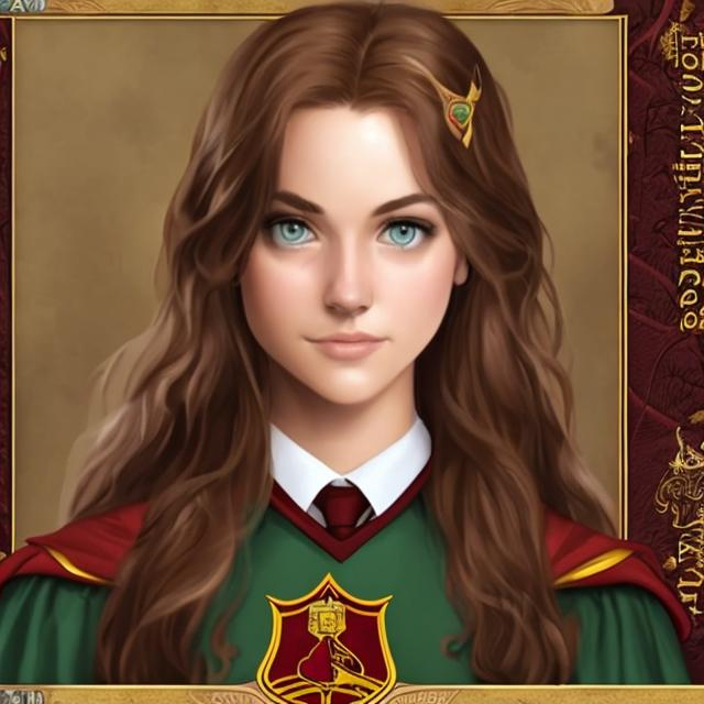 brown-haired, green-eyed woman as a Gryffindor stude...