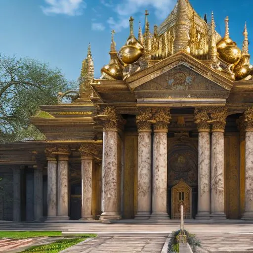 Prompt: baroque architecture with precolonial congolese art inspiration and Congolese minerals, volumetric natural light, ultra realistic, vray, far view, perspective landscape