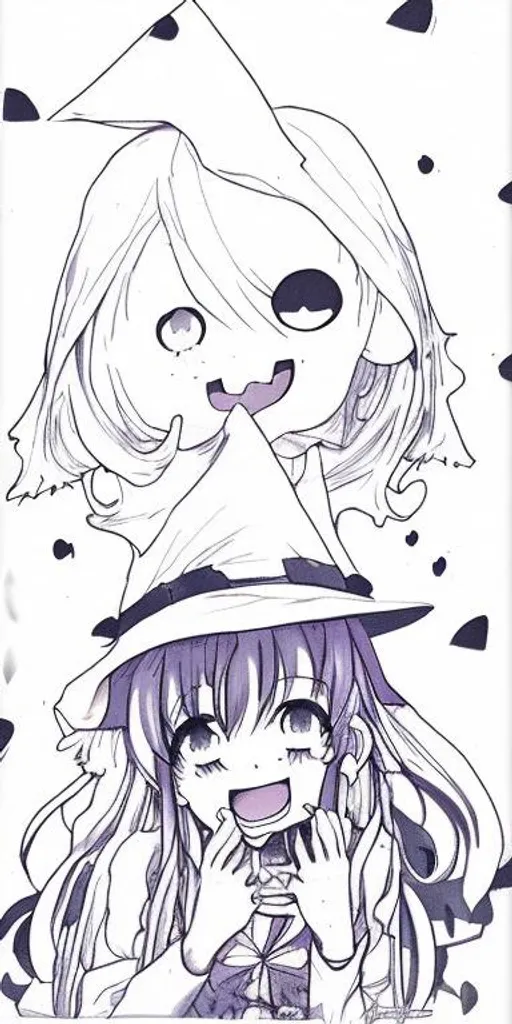 Prompt: Witch, anime, cute but obnoxious, proffesional drawing, spooky, higurashi vibes, manga panel, seemingly innocent but dangerous, happily laughing at the vievers demise, kawaii face