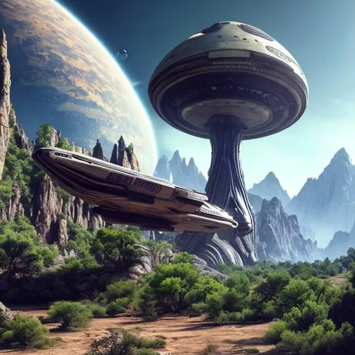 Prompt: Hyper realistic spaceship landing on a planet full of vegetation, mountains and a river, some alien forms on the background watch with curiosity as the vehicle lands.