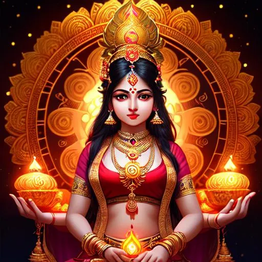 Prompt: a lot of floating glowing hinduism symbols,

masterpiece intricate hyperdetailed ultra realistic girl,

WLOP,

Goddess Lakshmi in her most beautiful avatar