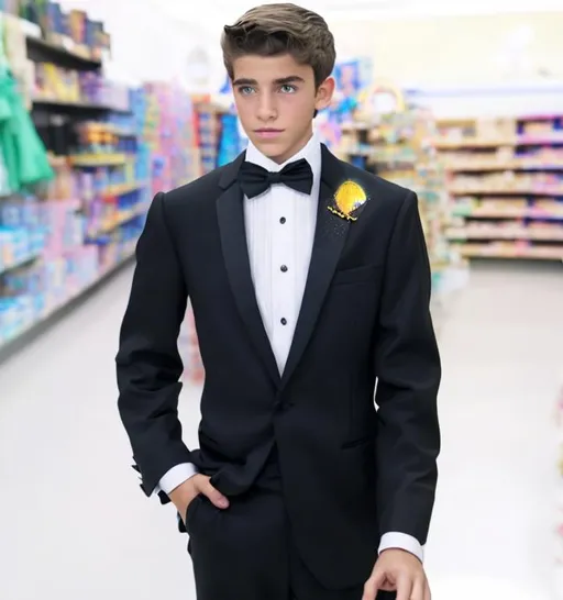 Prompt: Attractive teenage Boy in a tuxedo casting sparkly magic spell with a magic wand in a store