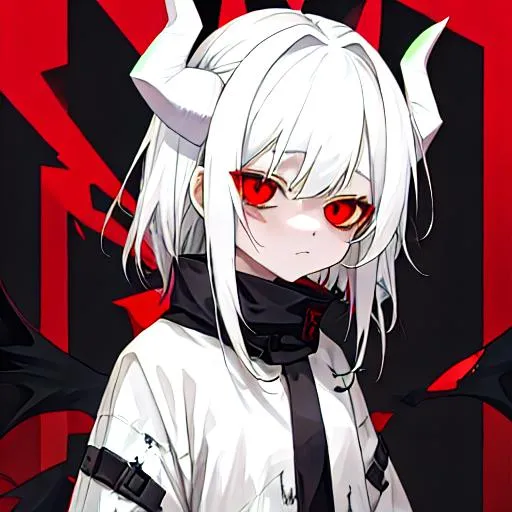 Prompt: Zaley 1female (white hair) {white demon horns} child, 10 years old, wearing torn clothes