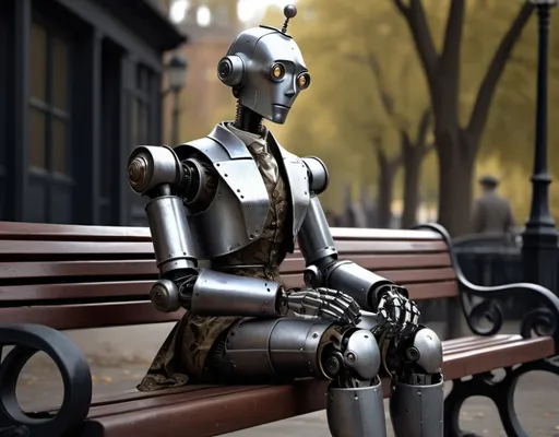 Prompt: Chiaroscuro, 8k, a digital painting of a tin robot servant, LED eyes, wearing Victorian styled clothes, sitting on a bench outside, 