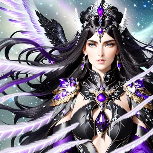 Prompt: Tall, darkly ethereal, inhumanly beautiful humanoid angelic creature with black wings and flowing dark hair flecked with stars blowing in the wind shrouded in a heavy dark cloak made with an ornate silver breastplate with a purple jewel and trailing flowing wisps of shadow and light with glittering gray green eyes set deep into its pale face, and hands with ornate silver bracelets on each wrist with a crescent moon in the background 

