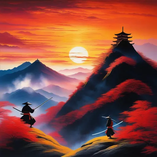 Prompt: 
"Two fiery samurais engaged in an epic battle atop a majestic mountain peak in ancient Japan. The sun sets in a blaze of vibrant hues, casting a golden glow across the scene. Their swords clash with tremendous force, emitting sparks that illuminate the darkening sky. Wisps of swirling mist dance around them, adding an air of mystique to the encounter. In the distance, a mythical phoenix soars, its radiant feathers trailing streaks of shimmering light."

